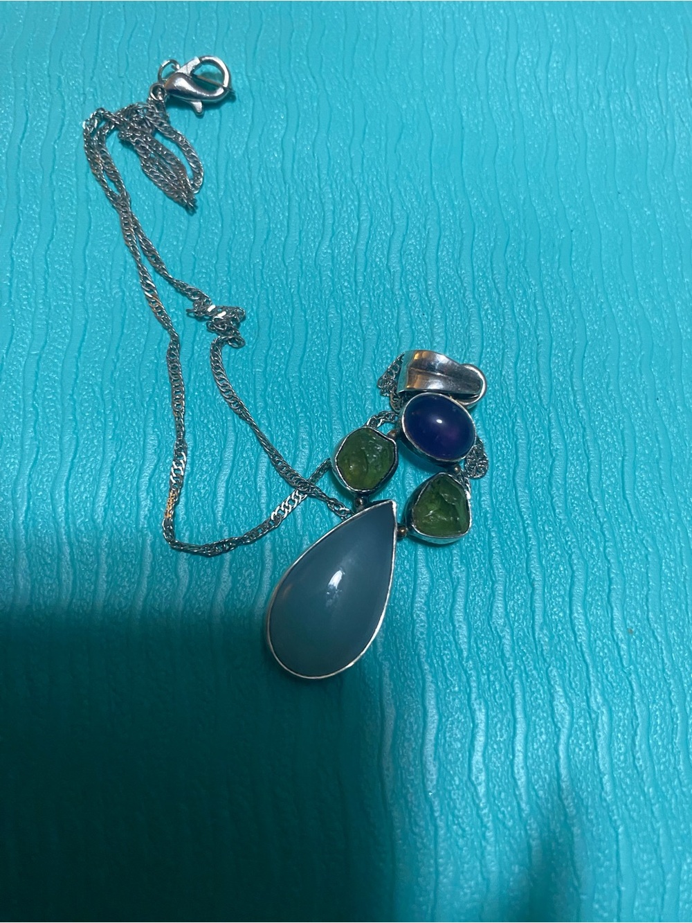 Sterling Silver Multi-Stone Teardrop Pendant Necklace - Blue & Green